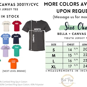 Puede incluir: Imagen de una camiseta juvenil Bella + Canvas 3001Y con una tabla de tallas y opciones de color. Los colores incluyen negro, blanco, rojo, azul marino y m&aacute;s. La tabla de tallas muestra medidas de pecho de 37,5 cm a 45 cm.