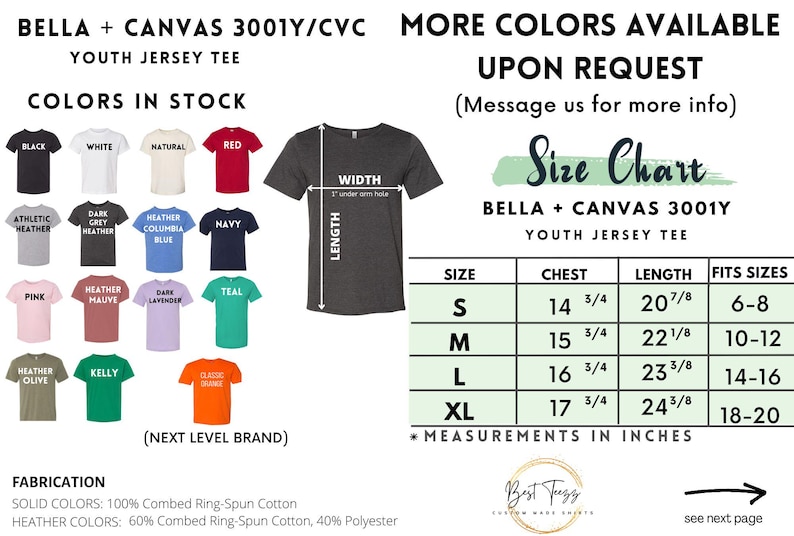 Puede incluir: Imagen de una camiseta juvenil Bella + Canvas 3001Y con una tabla de tallas y opciones de color. Los colores incluyen negro, blanco, rojo, azul marino y m&aacute;s. La tabla de tallas muestra medidas de pecho de 37,5 cm a 45 cm.