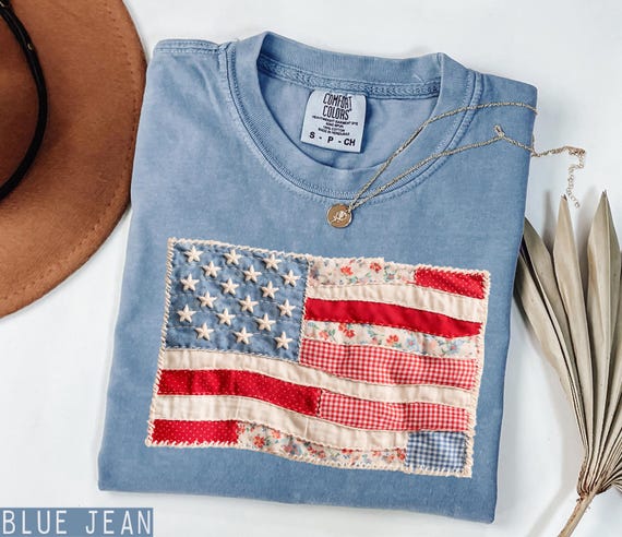 Comfort Colors® American Flag Shirt, Faux Patchwork USA Tee, 4th of July Shirt, Patriotic Graphic Shirt, Fourth of July Shirt, Independence