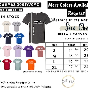 Pode incluir: Imagem de uma camiseta juvenil Bella + Canvas 3001Y/CVC com uma tabela de tamanhos. A tabela mostra as medidas do peito e do comprimento em polegadas para os tamanhos S, M, L e XL. V&aacute;rias cores de camisas s&atilde;o exibidas, incluindo preto, branco e azul marinho.