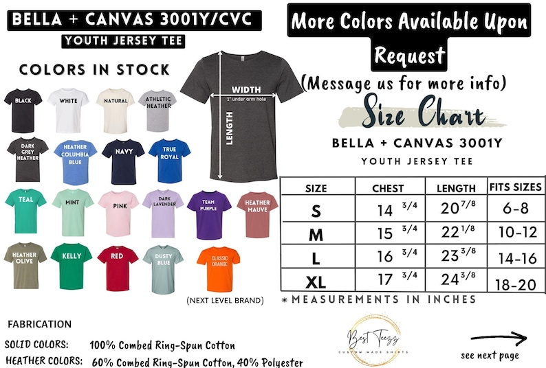 Pode incluir: Imagem de uma camiseta juvenil Bella + Canvas 3001Y/CVC com uma tabela de tamanhos. A tabela mostra as medidas do peito e do comprimento em polegadas para os tamanhos S, M, L e XL. V&aacute;rias cores de camisas s&atilde;o exibidas, incluindo preto, branco e azul marinho.