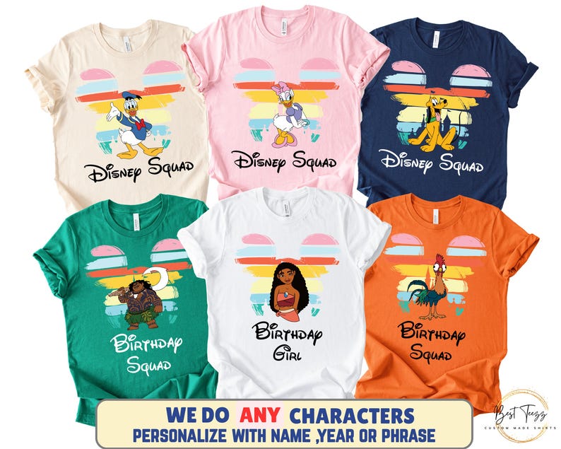 May include: A collection of colorful t-shirts featuring Disney characters. Each shirt displays a character like Donald Duck, Daisy Duck, Pluto, Moana, and Hei Hei. The shirts have the words "Disney Squad" or "Birthday Squad" printed on them.