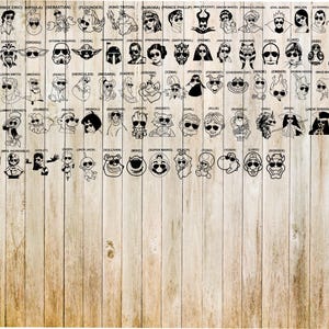 Puede incluir: Una colecci&oacute;n de ilustraciones en blanco y negro de personajes de dibujos animados, cada uno con gafas de sol. Los personajes incluyen figuras de Disney y Star Wars, como Darth Vader, Ariel y Yoda. Las im&aacute;genes est&aacute;n dispuestas sobre un fondo de madera.