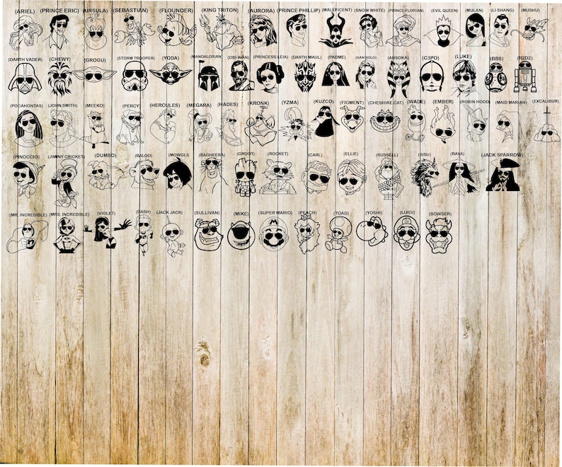 Puede incluir: Una colecci&oacute;n de ilustraciones en blanco y negro de personajes de dibujos animados, cada uno con gafas de sol. Los personajes incluyen figuras de Disney y Star Wars, como Darth Vader, Ariel y Yoda. Las im&aacute;genes est&aacute;n dispuestas sobre un fondo de madera.