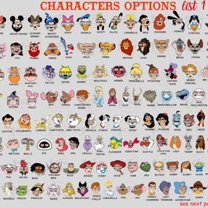 Puede incluir: Un gr&aacute;fico colorido con personajes de dibujos animados que llevan gafas. Los personajes son de varias pel&iacute;culas y programas de Disney, incluyendo Mickey Mouse, Winnie the Pooh, Aladdin y El Rey Le&oacute;n. El gr&aacute;fico est&aacute; etiquetado como "Opciones de personajes Lista 1".