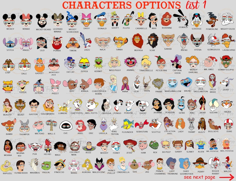 Puede incluir: Un gr&aacute;fico colorido con personajes de dibujos animados que llevan gafas. Los personajes son de varias pel&iacute;culas y programas de Disney, incluyendo Mickey Mouse, Winnie the Pooh, Aladdin y El Rey Le&oacute;n. El gr&aacute;fico est&aacute; etiquetado como "Opciones de personajes Lista 1".