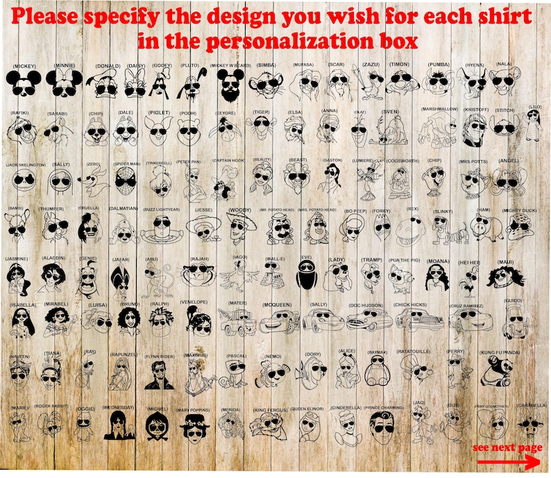 Puede incluir: Un fondo de madera muestra numerosos dise&ntilde;os de personajes de dibujos animados en blanco y negro con gafas de sol. El texto en la parte superior dice: "Por favor, especifique el dise&ntilde;o que desea para cada camiseta en el cuadro de personalizaci&oacute;n". Una flecha roja apunta hacia la derecha.