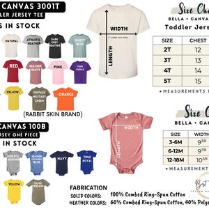 May include: Image showcasing a size chart for toddler and infant apparel. The chart includes measurements in inches for Bella + Canvas 3001T toddler jersey tees and 100B infant jersey one-piece garments. A color palette is also displayed.
