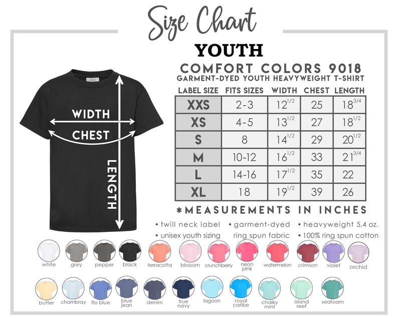 K&ouml;nnte beinhalten: Ein schwarzes Comfort Colors T-Shirt f&uuml;r Jugendliche mit einer Gr&ouml;&szlig;entabelle. Die Tabelle listet die Ma&szlig;e in Zoll f&uuml;r Breite, Brust und L&auml;nge sowie die verf&uuml;gbaren Gr&ouml;&szlig;en von XXS bis XL auf. Die Tabelle zeigt auch die verf&uuml;gbaren Farben.