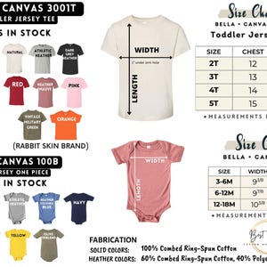 May include: Image features a size chart for toddler and infant apparel, including t-shirts and onesies. The chart provides measurements in inches for chest, width, and length, along with a color selection guide for various garment options.