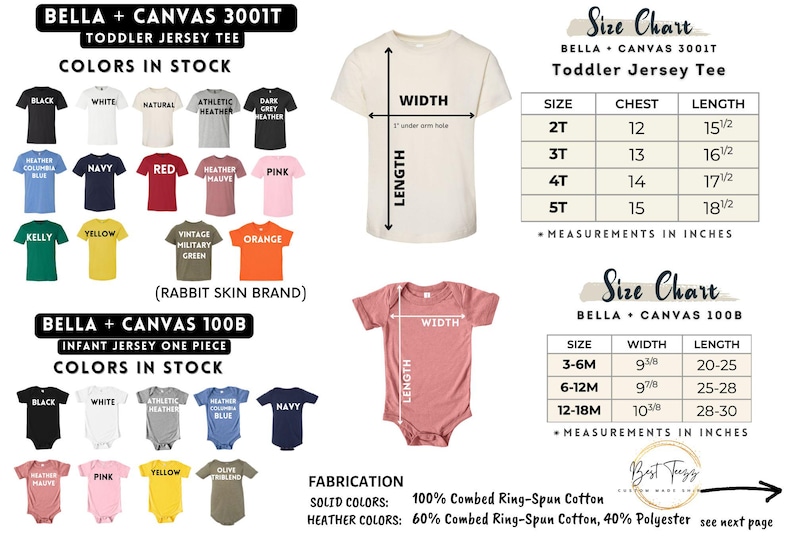 May include: Image features a size chart for toddler and infant apparel, including t-shirts and onesies. The chart provides measurements in inches for chest, width, and length, along with a color selection guide for various garment options.