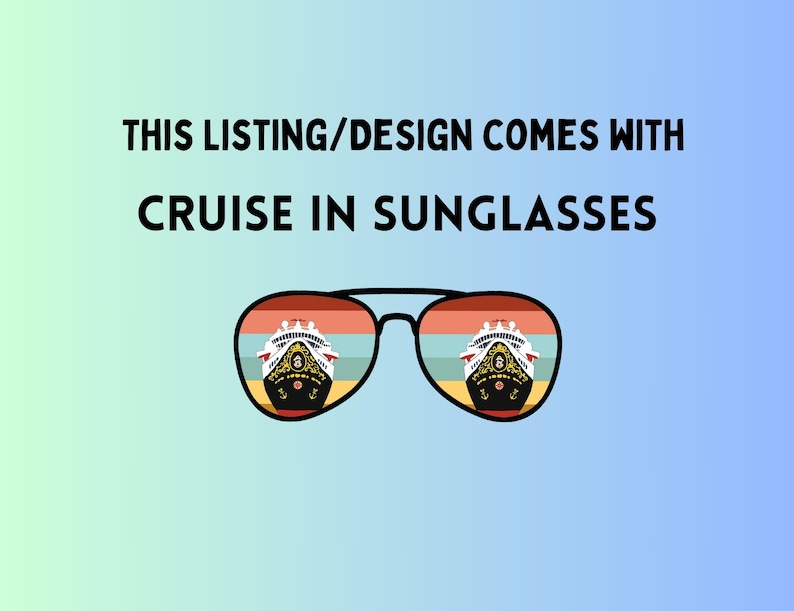Pode incluir: &Oacute;culos de sol pretos com um navio de cruzeiro refletido nas lentes. O navio &eacute; branco com detalhes em preto e dourado, em um fundo retr&ocirc; laranja, vermelho e azul. O texto acima dos &oacute;culos de sol diz "THIS LISTING/DESIGN COMES WITH CRUISE IN SUNGLASSES."