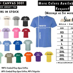 Puede incluir: Imagen de una camiseta unisex Bella + Canvas 3001 en varios colores, incluyendo negro, blanco y rojo. Una tabla de tallas muestra las medidas de pecho y largo en pulgadas. La fabricaci&oacute;n es 100% algod&oacute;n peinado hilado en anillo para colores lisos.