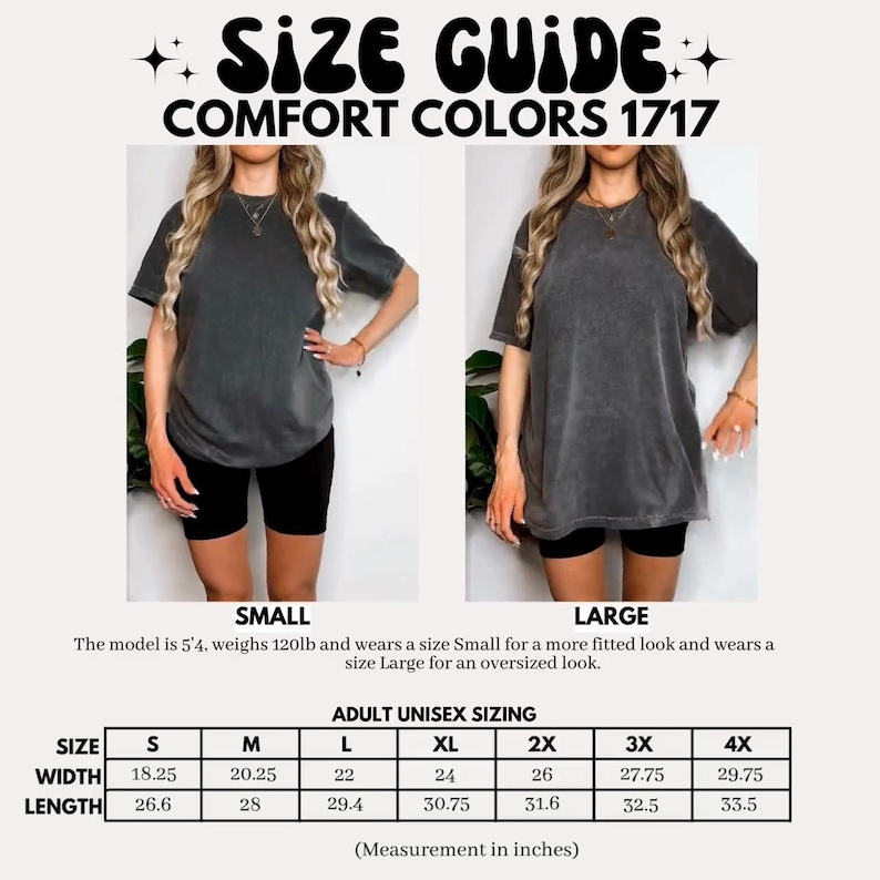 K&ouml;nnte beinhalten: Zwei Frauen tragen graue Comfort Colors 1717 T-Shirts, eine in Gr&ouml;&szlig;e Small und eine in Large. Das Bild enth&auml;lt eine Gr&ouml;&szlig;entabelle mit Ma&szlig;en in Zoll f&uuml;r Unisex-Erwachsenengr&ouml;&szlig;en, von S bis 4X. Das Model ist 163cm gro&szlig; und wiegt 54kg.