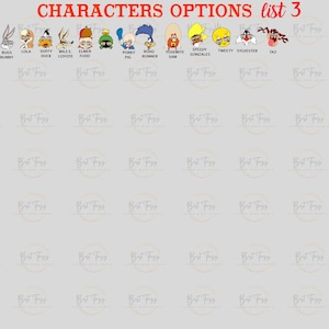 Puede incluir: Un gr&aacute;fico con im&aacute;genes de personajes de la serie de dibujos animados Looney Tunes. Los personajes incluyen Bugs Bunny, Pato Lucas, Piol&iacute;n, Correcaminos, Sam Bigotes, Speedy Gonzales, Piol&iacute;n, Silvestre el gato y Taz. El gr&aacute;fico est&aacute; etiquetado como "Opciones de personajes Lista 3".