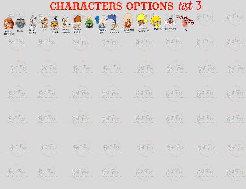 Puede incluir: Un gr&aacute;fico con im&aacute;genes de personajes de la serie de dibujos animados Looney Tunes. Los personajes incluyen Bugs Bunny, Pato Lucas, Piol&iacute;n, Correcaminos, Sam Bigotes, Speedy Gonzales, Piol&iacute;n, Silvestre el gato y Taz. El gr&aacute;fico est&aacute; etiquetado como "Opciones de personajes Lista 3".