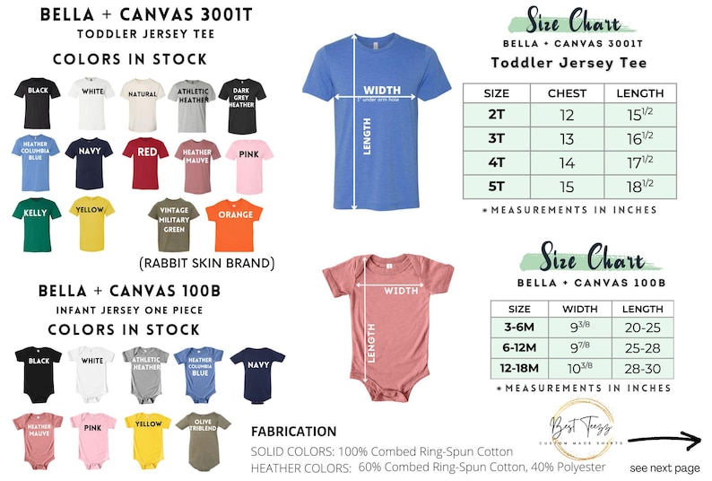 Puede incluir: La imagen muestra una tabla de tallas para camisetas y bodies para beb&eacute;s y ni&ntilde;os peque&ntilde;os. La tabla incluye medidas en pulgadas para el pecho, el ancho y el largo. Se muestran varios colores de camisetas, como negro, blanco y azul marino.