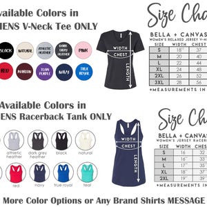 May include: A size chart for Bella + Canvas 6405 V-neck t-shirts and 6008 racerback tanks, displaying available color swatches, garment illustrations with width, chest, and length measurement arrows, and tables with dimensions in inches.