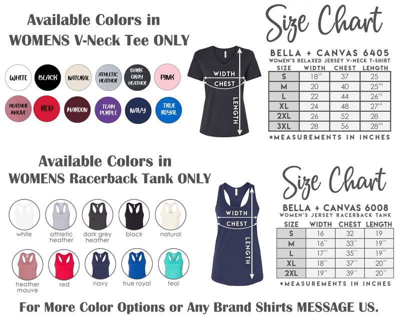 May include: A size chart for Bella + Canvas 6405 V-neck t-shirts and 6008 racerback tanks, displaying available color swatches, garment illustrations with width, chest, and length measurement arrows, and tables with dimensions in inches.