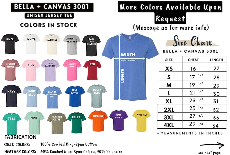 Pode incluir: Imagem de uma camiseta unissex Bella + Canvas 3001 em v&aacute;rias cores, incluindo preto, branco e azul marinho. Uma tabela de tamanhos mostra as medidas do peito e do comprimento em polegadas. Os detalhes de fabrica&ccedil;&atilde;o incluem 100% algod&atilde;o penteado ring-spun para cores s&oacute;lidas.