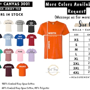 May include: Image of a Bella + Canvas 3001 unisex jersey tee in various colors, including black, white, and red. An orange tee displays width and length measurements in inches. A size chart is also included, with chest and length measurements in inches.