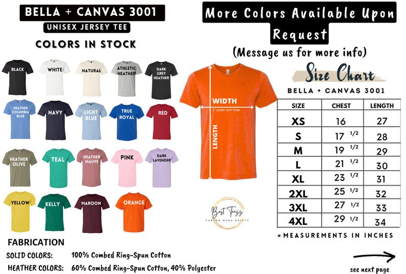 May include: Image of a Bella + Canvas 3001 unisex jersey tee in various colors, including black, white, and red. An orange tee displays width and length measurements in inches. A size chart is also included, with chest and length measurements in inches.