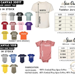 Pode incluir: Tabela de tamanhos para roupas de crian&ccedil;as pequenas e beb&ecirc;s, com medidas em polegadas para camisetas de jersey Bella + Canvas 3001T e bodies 100B. A imagem tamb&eacute;m mostra uma paleta de cores dispon&iacute;veis.