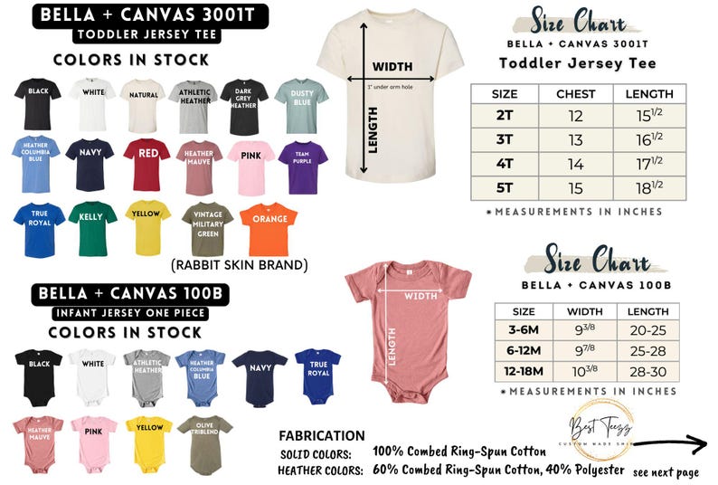 Pode incluir: Tabela de tamanhos para roupas de crian&ccedil;as pequenas e beb&ecirc;s, com medidas em polegadas para camisetas de jersey Bella + Canvas 3001T e bodies 100B. A imagem tamb&eacute;m mostra uma paleta de cores dispon&iacute;veis.