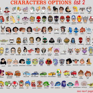 Puede incluir: Un gr&aacute;fico colorido con m&aacute;s de 100 personajes de dibujos animados que llevan gafas. Los personajes son de pel&iacute;culas, programas de televisi&oacute;n y videojuegos populares. El gr&aacute;fico se titula "Opciones de personajes Lista 2".