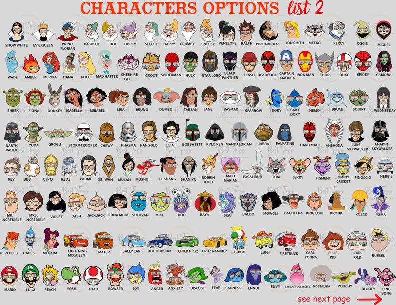 Puede incluir: Un gr&aacute;fico colorido con m&aacute;s de 100 personajes de dibujos animados que llevan gafas. Los personajes son de pel&iacute;culas, programas de televisi&oacute;n y videojuegos populares. El gr&aacute;fico se titula "Opciones de personajes Lista 2".