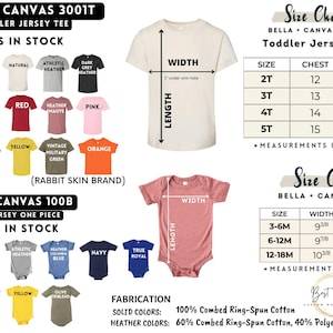 以下が含まれることがあります： 幼児とベビー服のサイズチャート画像。Tシャツやロンパースなど。サイズはインチで表示。黒、白、ネイビーなど、利用可能な色のオプションを示すカラーパレットも表示されています。