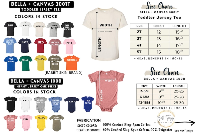 以下が含まれることがあります： 幼児とベビー服のサイズチャート画像。Tシャツやロンパースなど。サイズはインチで表示。黒、白、ネイビーなど、利用可能な色のオプションを示すカラーパレットも表示されています。