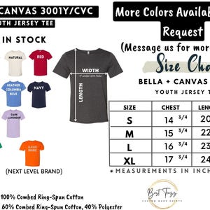 May include: A product image showcasing a Bella + Canvas 3001Y/CVC youth jersey tee. The image displays a color chart with various options, including black, white, and red. A size chart provides chest and length measurements in inches.
