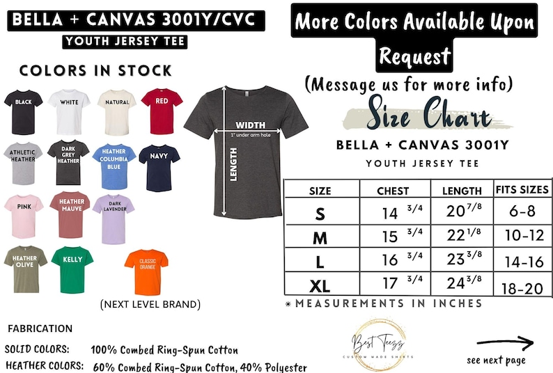 May include: A product image showcasing a Bella + Canvas 3001Y/CVC youth jersey tee. The image displays a color chart with various options, including black, white, and red. A size chart provides chest and length measurements in inches.