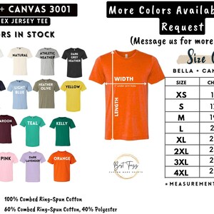 May include: Image showcasing a variety of unisex jersey tees in various colors, including black, white, and heather grey. A size chart with chest and length measurements in inches is also displayed. The tees are made of 100% combed ring-spun cotton.