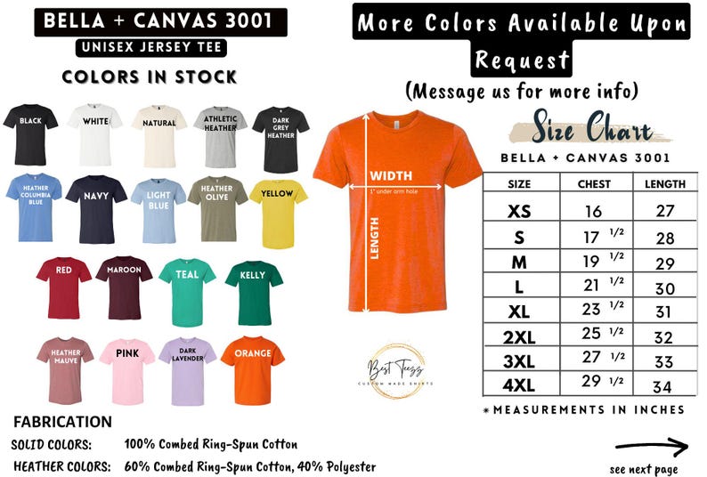 May include: Image showcasing a variety of unisex jersey tees in various colors, including black, white, and heather grey. A size chart with chest and length measurements in inches is also displayed. The tees are made of 100% combed ring-spun cotton.