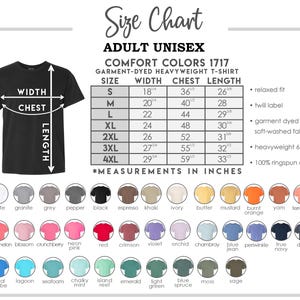 K&ouml;nnte beinhalten: Gr&ouml;&szlig;entabelle f&uuml;r Unisex-T-Shirts Comfort Colors 1717, gef&auml;rbtes Schwergewicht. Ma&szlig;e in Zoll f&uuml;r Breite, Brust und L&auml;nge, von Gr&ouml;&szlig;e S bis 4XL. Enth&auml;lt eine Farbpalette mit Optionen wie Wei&szlig;, Schwarz und verschiedenen Farbt&ouml;nen.