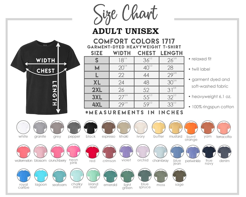K&ouml;nnte beinhalten: Gr&ouml;&szlig;entabelle f&uuml;r Unisex-T-Shirts Comfort Colors 1717, gef&auml;rbtes Schwergewicht. Ma&szlig;e in Zoll f&uuml;r Breite, Brust und L&auml;nge, von Gr&ouml;&szlig;e S bis 4XL. Enth&auml;lt eine Farbpalette mit Optionen wie Wei&szlig;, Schwarz und verschiedenen Farbt&ouml;nen.