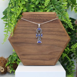 Ankh with Lapis Lazuli Egyptian 925 Sterling Silver Pendant or Necklace