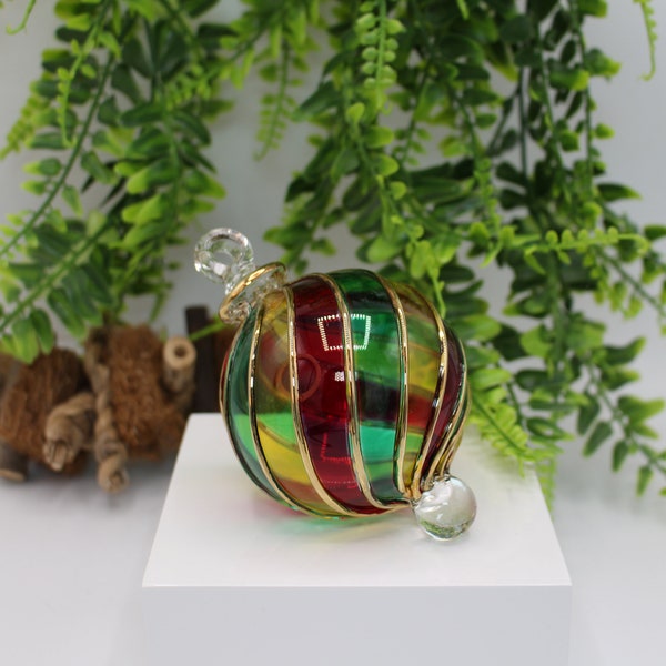 Pyrex Blown Glass Christmas Ornament Hand Decorated with Red, Green and Gold