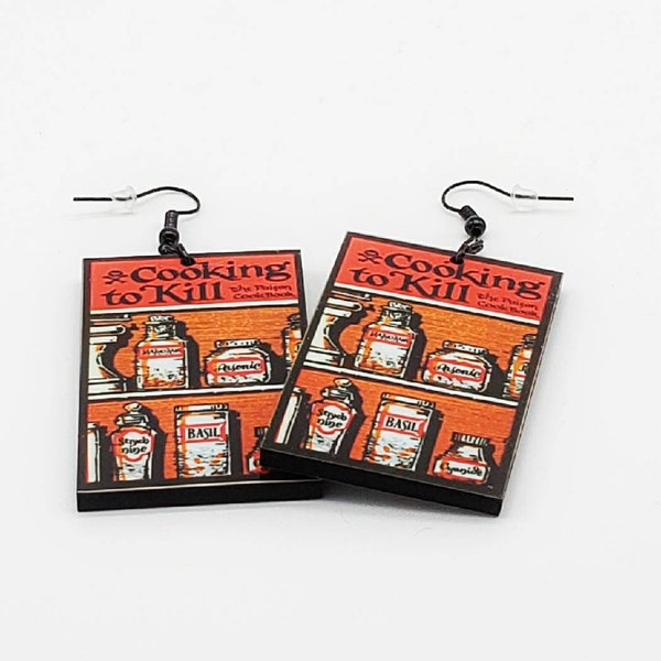 Cooking To Kill The Poison Cookbook Dangle Earrings, True Crime Lover, 1950s Ephemera, Vintage Cookbook, Novelty Earrings, Goth Accessories