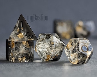 Zestaw wielościennych kostek z nasionami mniszka lekarskiego i złotymi liśćmi do gry RPG Kości DnD z dmuchanymi kośćmi D&D Zestaw kości do gry RPG Dungeons and Dragons