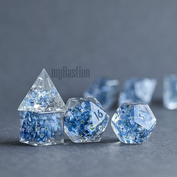 Forget me not dice set for Critical Role, Resin polyhedral sharp edges dice set for RPG game, Dungeons and dragons