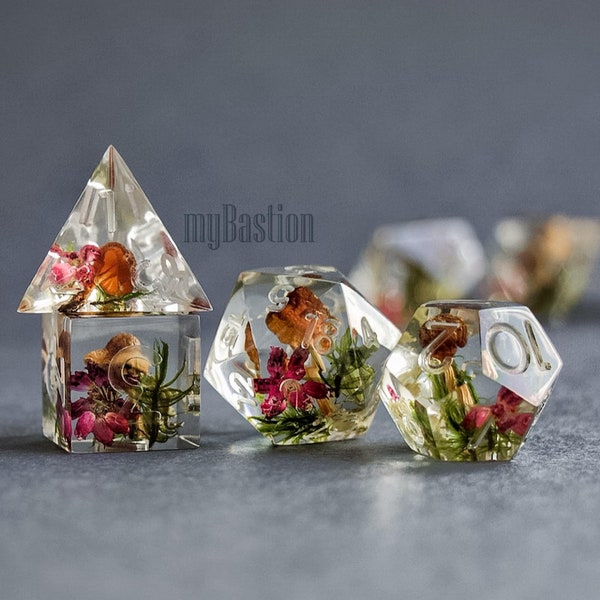 Polyhedral dice set rpg dice DnD Dice with real mushrooms D&D dice Playing dice set for RPG game Dungeons and dragons