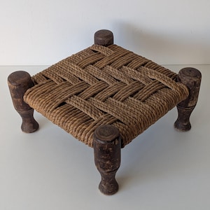 Vintage 1960s Brutalist Footstool – Hand-Woven Rope, Turned Wood Mid Century Stool