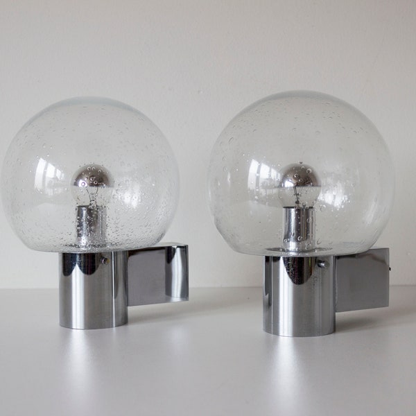 Vintage 70s Glashutte Limburg Space Age Wall Sconces Pair Bubble Glass and Chromed Metal - Model #3010