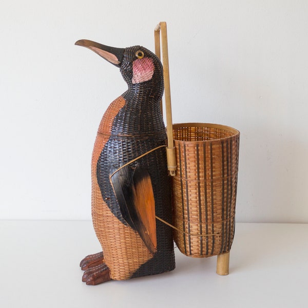 Whimsical Vintage Rattan Penguin Basket / Picknick Basket / Wine Bottle Holder / Magazine Rack - From the 70s