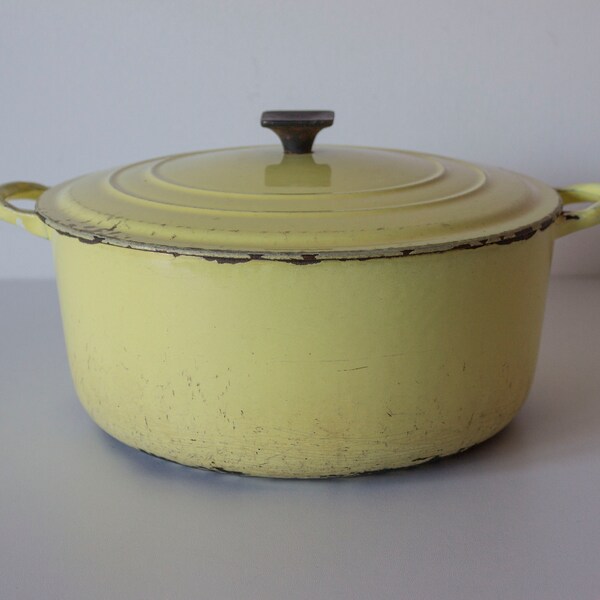 Vintage 1950s LE CREUSET Elysees Yellow Dutch Oven Casserolle Size F Made in France Enameled Cast Iron