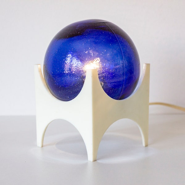 Reserved for JK Vintage 1970s Space Age Bedside Table Lamp Blue Glass Sphere Plastic Frame