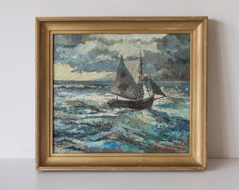 Paysage marin flamand expressif - Peinture à l'huile encadrée par L. Cortvriendt (vers 1960)